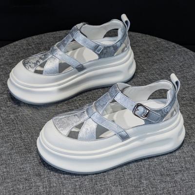 Римские сандалии на толстой подошве 2025 Лето Новый стиль Уличная повседневная женская обувь Универсальные сандалии из полой кожи на скрытом каблуке