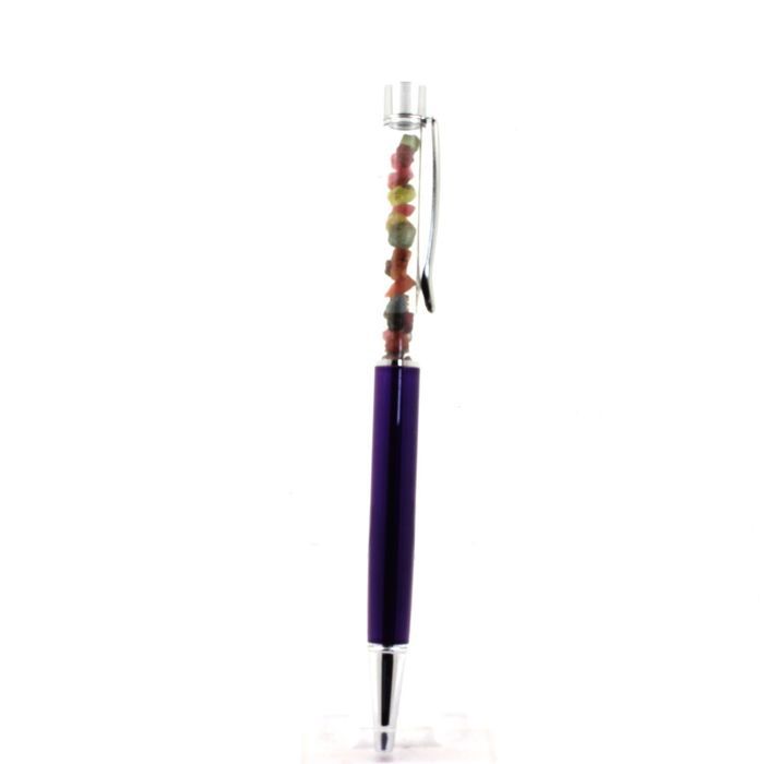 Pierres et Minéraux. Stylo minéraux Tourmaline multicolore brut Zambie. Couleur violet.
