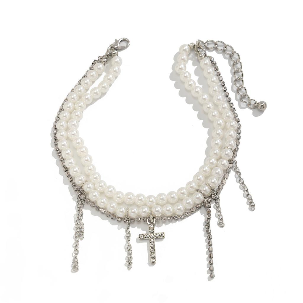 Wind-Set Diamond Cross Pendant Fringed Anklet, Fashionable Imitation Pearl Beaded Jeans Anklet