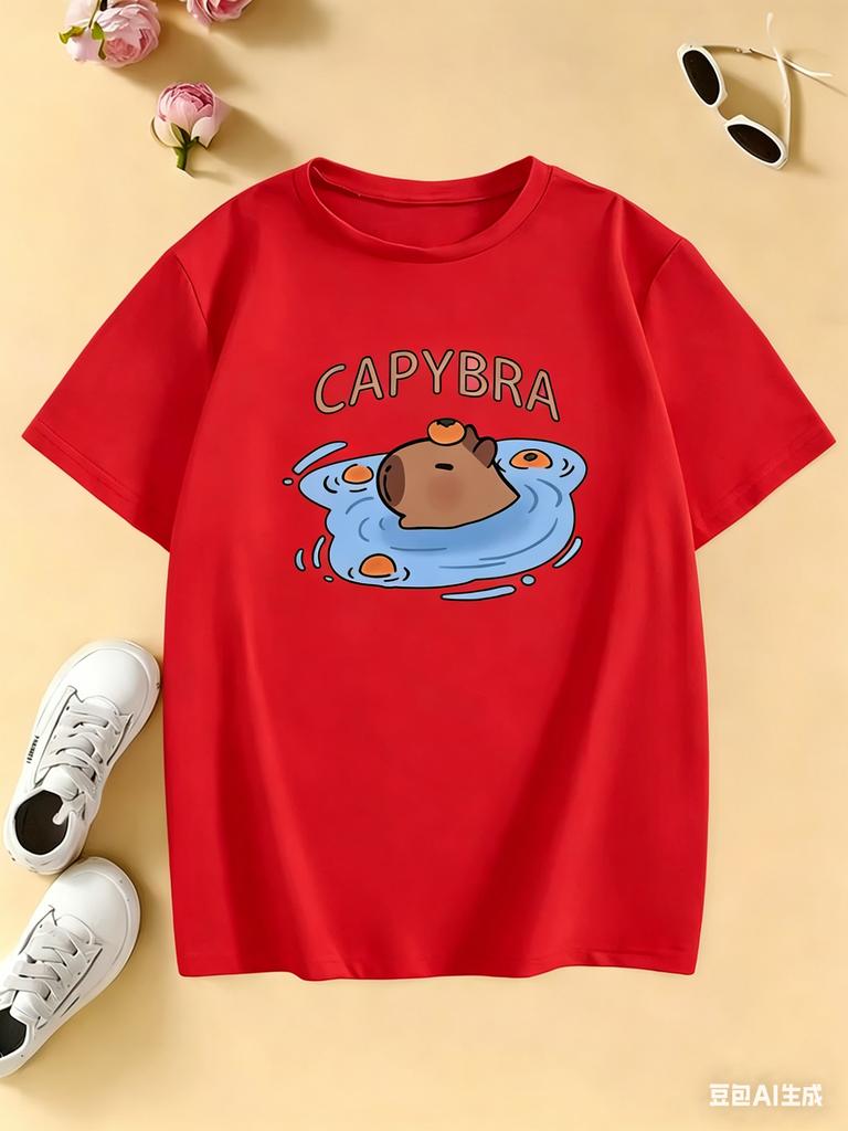 Childrens Swim Capybara Print Design T Shirts Short Sleeve Tees Cartoon Kids Childrens Tshirt Boys Girls Summer Spring