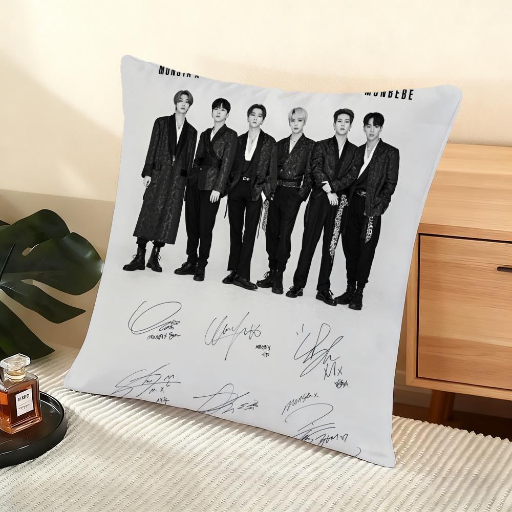 Подушка с принтом K-POP группы Monsta X, шелковистая коротковорсовая, для дивана, с потайной молнией, элемент домашнего декора