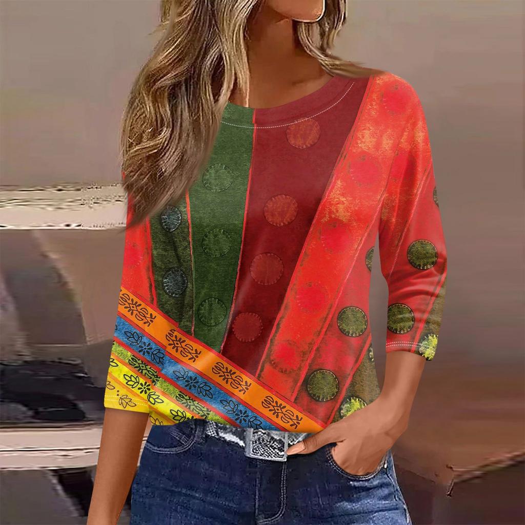 Женская футболка, модная повседневная футболка с круглым вырезом и рукавом 3/4, свободная футболка с принтом, женская футболка