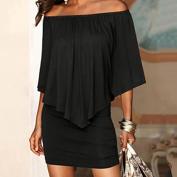 Women Off Shoulder Loose Dress Summer Short Sleeve Tassel Package Hip Short Skirt