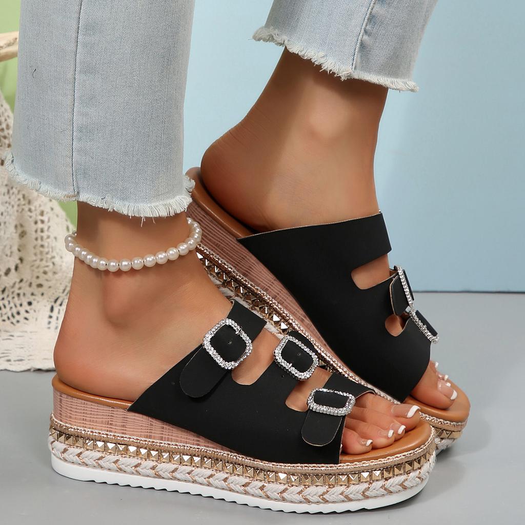2025 Summer New Foreign Trade Muffin Thick-soled Double-buckle Rhinestone Cork Beach One-word Slippers Large-size Women's Shoes