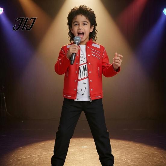 Themed Party Costume 1 Set Retro Pop Singer for Boys, 80s 90s Star Outfit Music Theme Halloween Costume, Red Jacket, Shirt And Pants Stage Performance