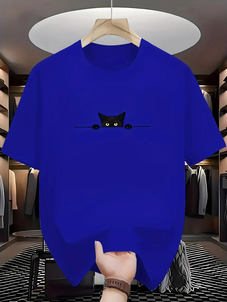 2025 Мужская летняя 100% хлопок модная повседневная свободная футболка с принтом милого кота, с круглым вырезом и коротким рукавом