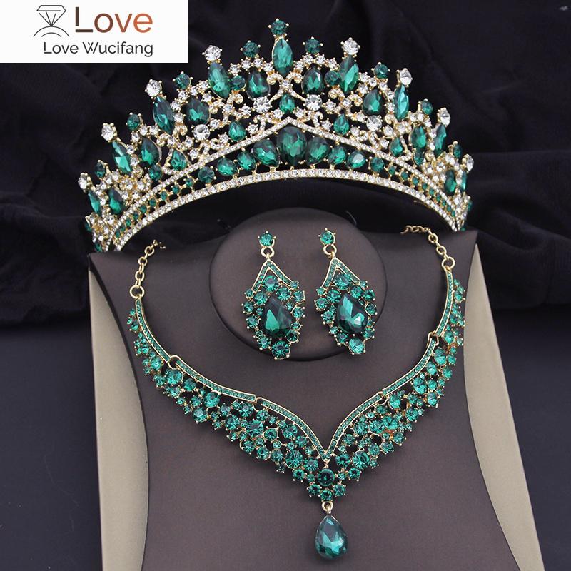 Green Crystal Crown Wedding Necklace Earring Sets Luxury Bridal Jewelry Sets for Women Prom Tiaras Bride Dubai Jewelry Sets
