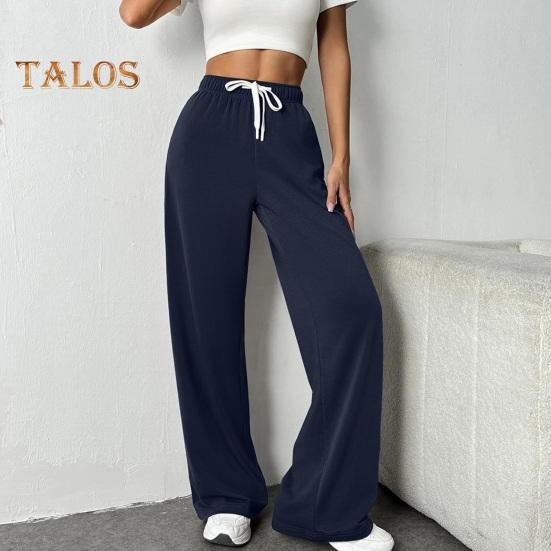 Женские брюки с эластичной высокой талией, регулируемые на шнурке, прямые широкие брюки с карманами, однотонные повседневные брюки