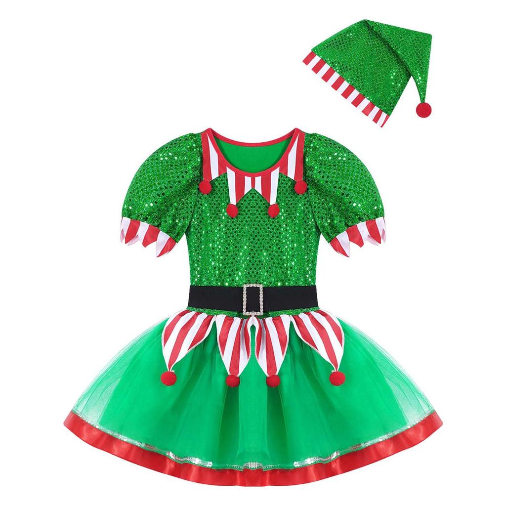 Kids Girls Christmas Holiday Outfit Santa's Elf Cosplay Costume Xmas Fancy Dress with Hat