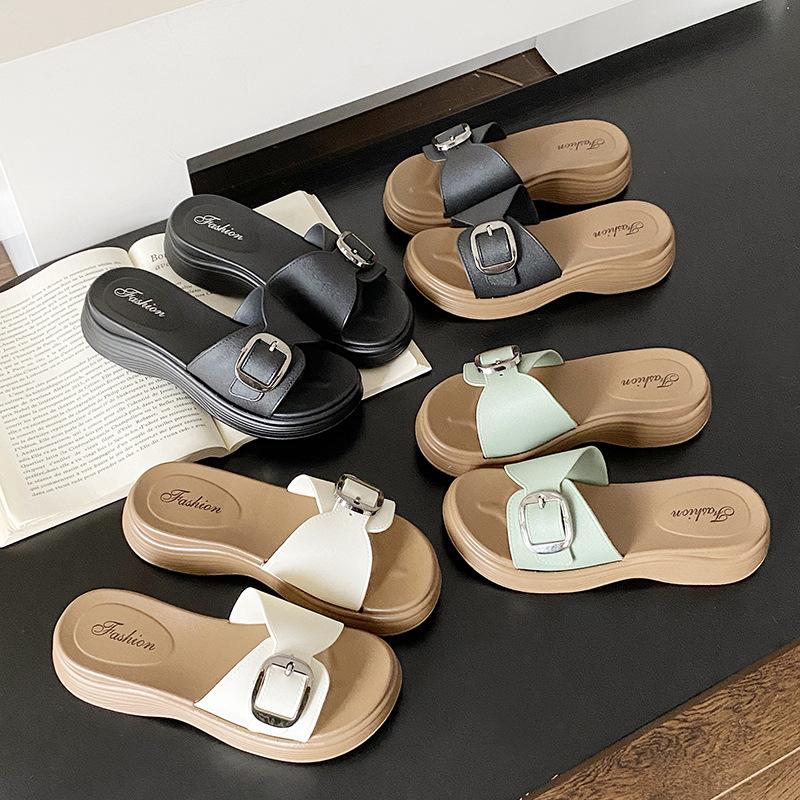 Женские модные шлепанцы с пряжкой, на танкетке, на платформе, обувь, удобные пляжные туфли, тапочки