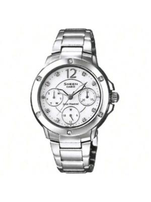 **Женские часы Casio Sheen** – Белый циферблат с бриллиантовыми акцентами, ремешок из нержавеющей стали, элегантный деловой стиль, кварцевый механизм,. SHE-3022SBD
