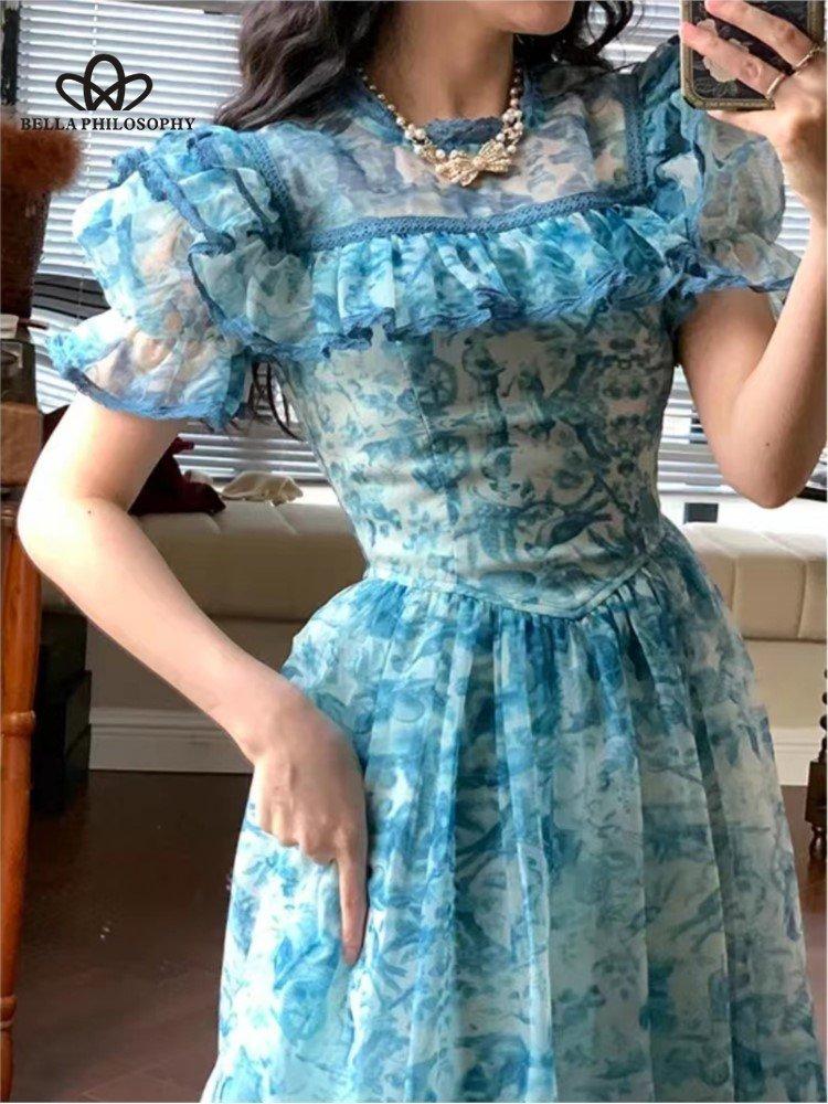 Французское винтажное сетчатое платье с рукавами-фонариками, летнее дворцовое платье принцессы, синее вечернее платье, платье для дня рождения, женское платье для выпускного вечера