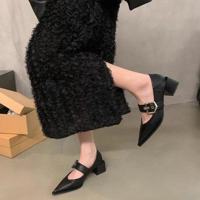 Женские туфли на толстом каблуке Осень Новые Остроносые С мелким вырезом Противоскользящие Износостойкие Туфли с низким верхом