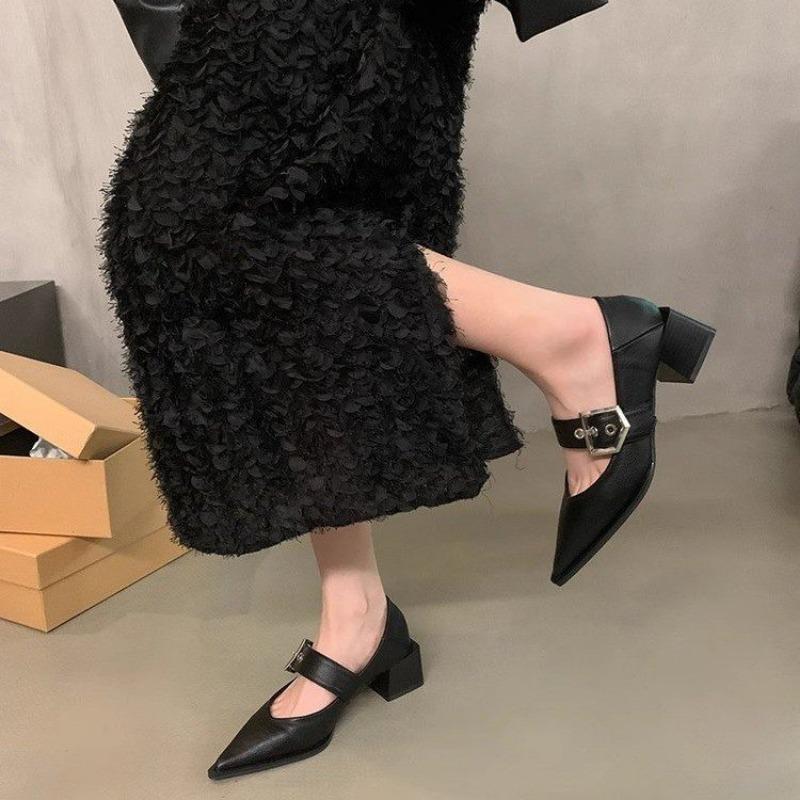 Женская мода Туфли на толстом каблуке Осень Новые Остроносые С мелким вырезом Противоскользящие Износостойкие Низкие туфли