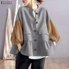 Women Round Neck Splice Long Sleeve Loose Casual Blouse