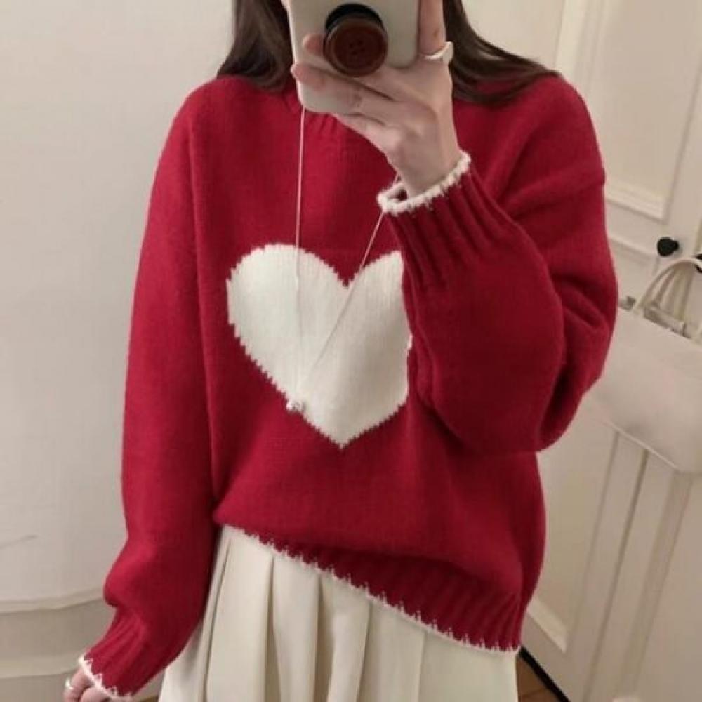 Navava Women Warm Heart Color Matching Round Neck Long Sleeve Knit Sweater Nk345
