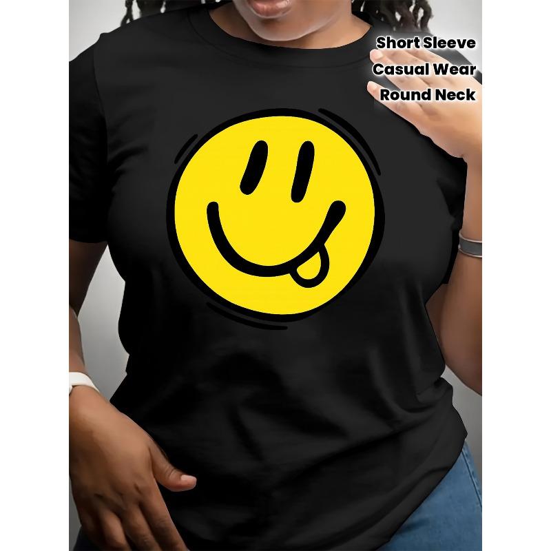 Milk Thread Premium T-Shirt - Vivid Yellow with A Joyful Face and Smile Design, Uplifting Casual Short-Sleeve Top, Round Neck Suitable for Spring,
