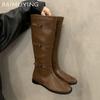 Flats Women High Boots Leather Designer Buckle Knee High Shoes 2025 Trend Retro Classic Goth Winter Motorcycle Botas De Mujer