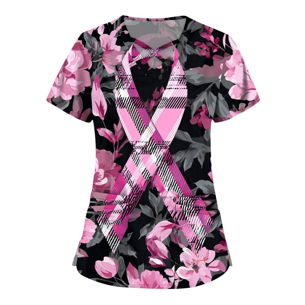 Women's Fashion V-Neck Short Sleeve Overalls Double Layer Pocket Printed Tops Apparel