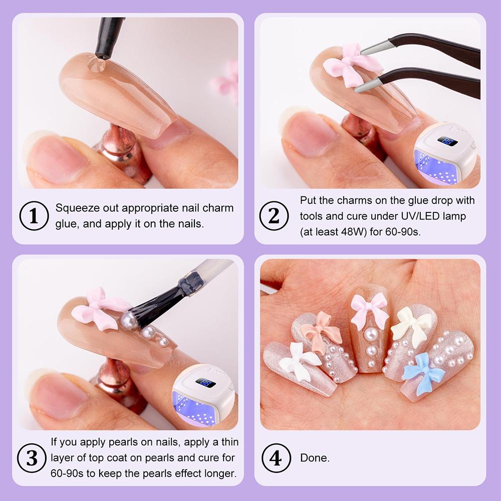 6 Colors Cute Bow Charms and White Flatback Pearls For DIY Nail Decoration