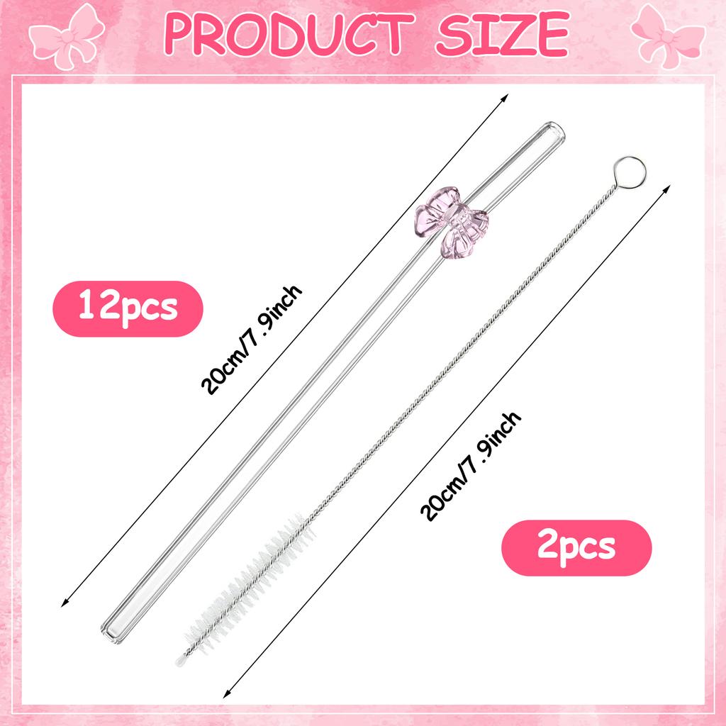 12 Pieces Reusable Glass Straws With Pink Bow Eco-Friendly Glass Straws Shatter Resistant Cute Bend Drinking Straws With 2 Clean