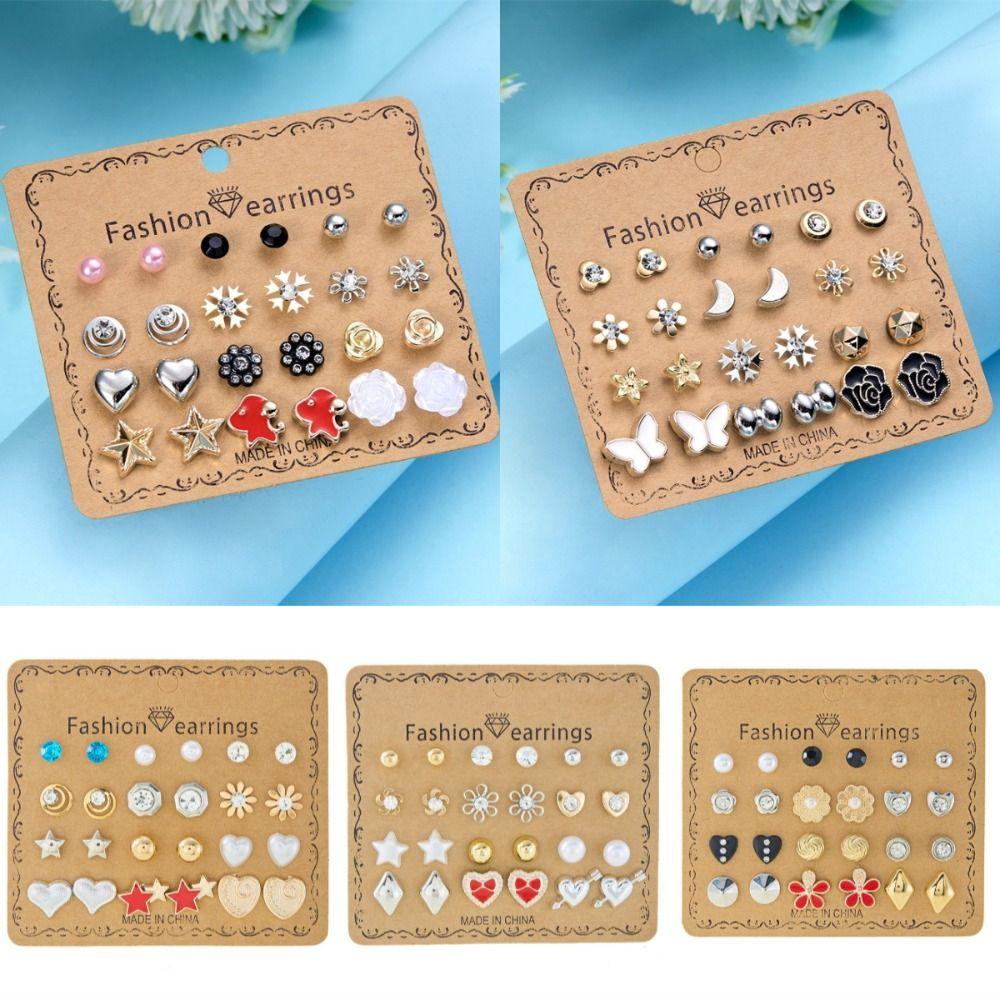 12 Pairs Mini Crystal Bead Ear Studs Colorful Earring Set Pearl Combination Stud Earrings Women