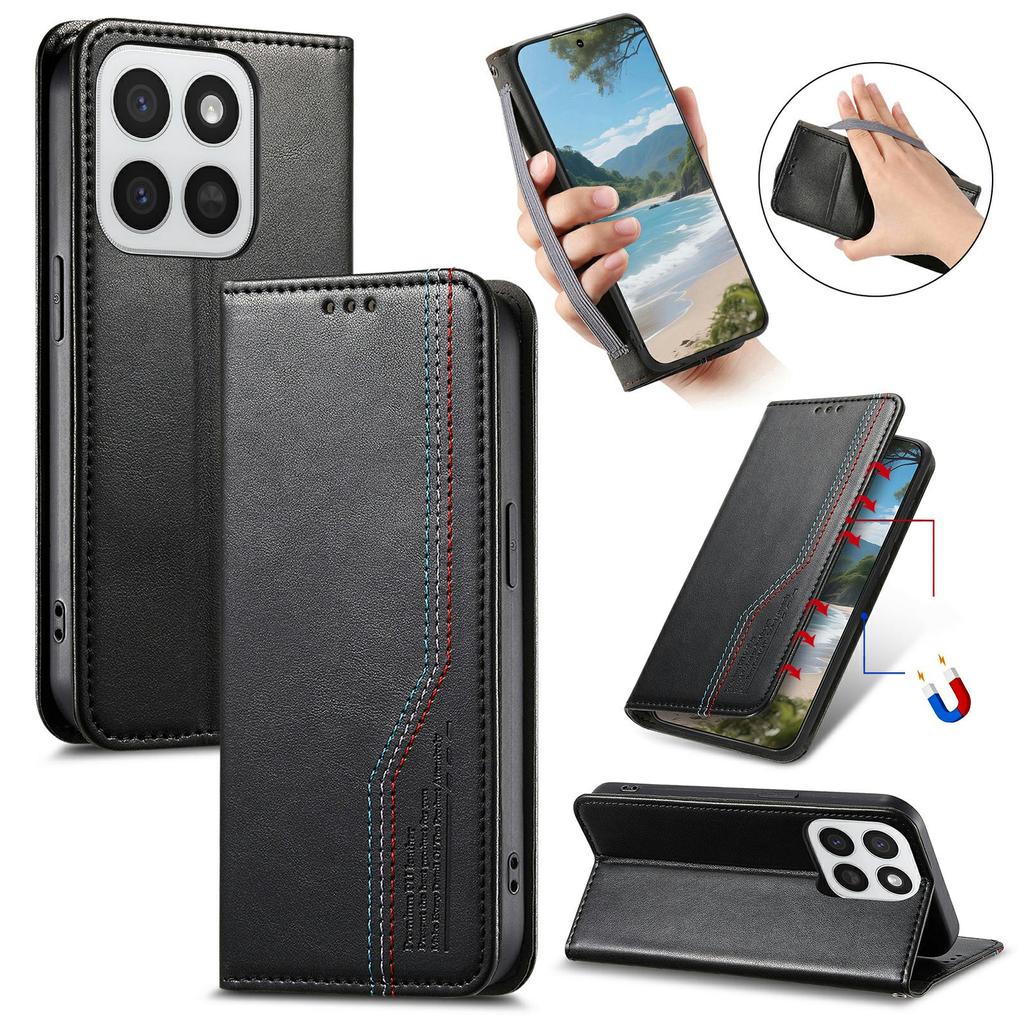 Phone Case For Honor 400 Smart 5G/400 Smart 4G/X7d 4G/X7d 5G Wallet Tri-Color Stitching Leather Phone Cover with Elastic Wristband