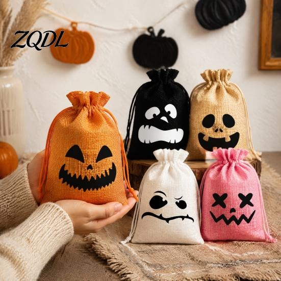 Themed Event Goodie Bags 5Pcs Halloween Candy with Drawstring, Funny Ghost Pumpkin Print Gift Pouches Portable Holders for Party Favors And