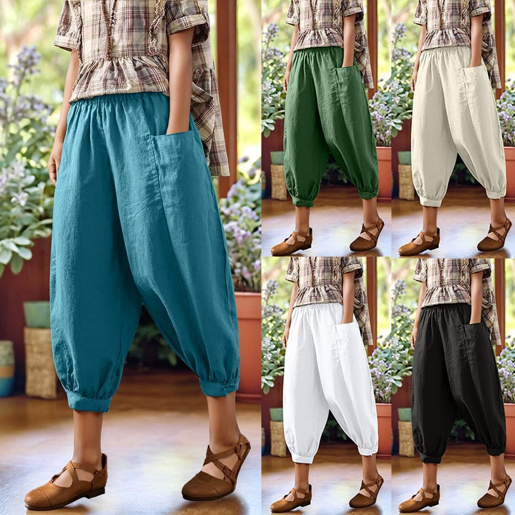 Women's Fashion Solid Color Loose Large Size Elastic Waist Small Leg Haren Pants Versatile Casual Pants