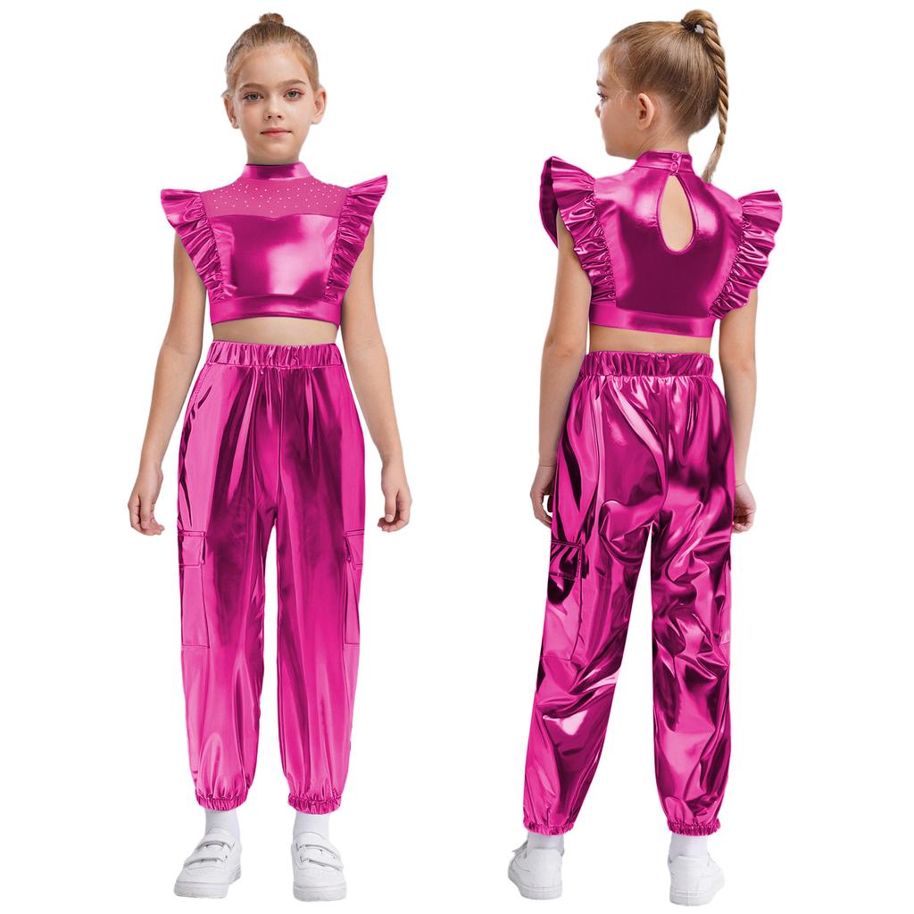 Girls Hip-Hop Dance Costume Mock Neck Rhinestone Mesh Patchwork Sleeveless Metallic Ruffle Top Paired with Shiny Cargo Pants for Competition