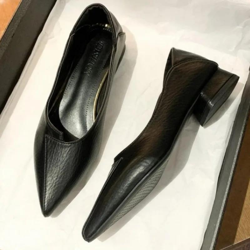 2024 Spring and Autumn New Single Shoes Women Low Heel Pointed Toe Shallow Mouth Soft-soled All-match Women's Leather Shoes