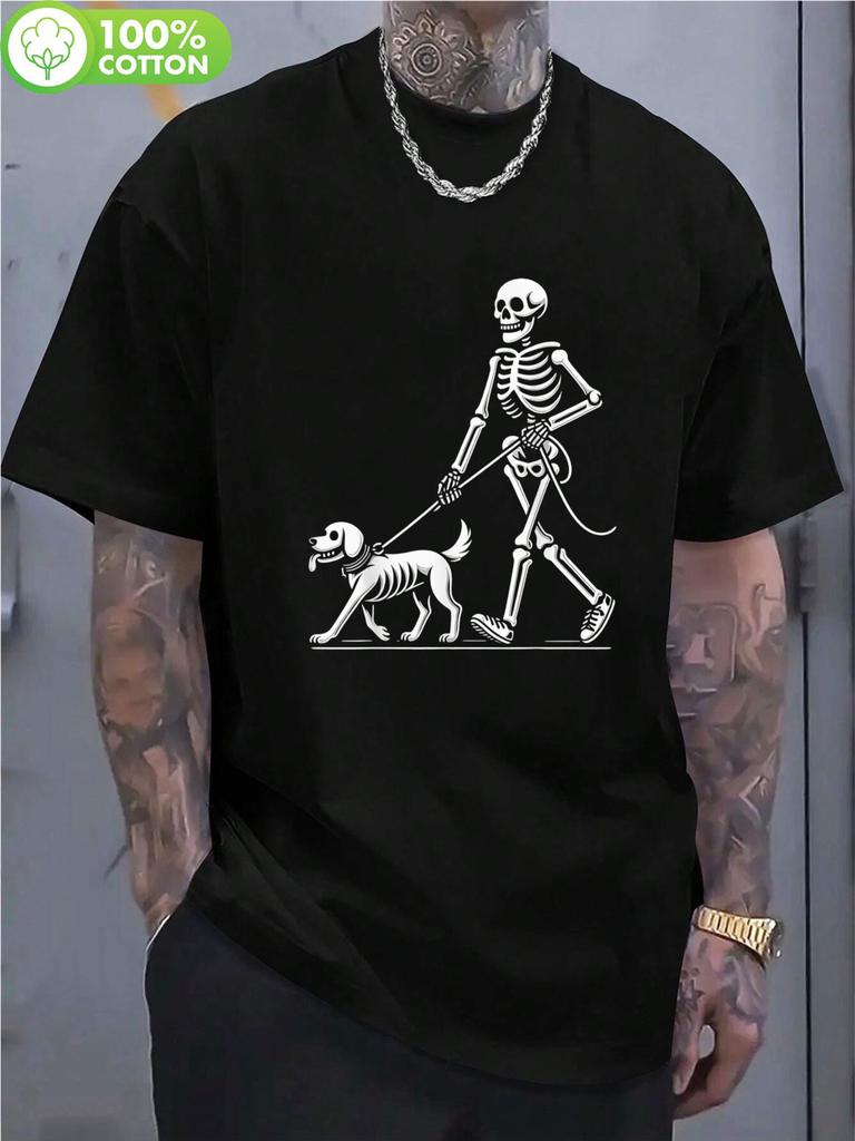 Funny Skeleton Walking Dog Halloween TShirt Black with White Skeleton Graphic Crew Neck Short Sleeve Tee Costume Party