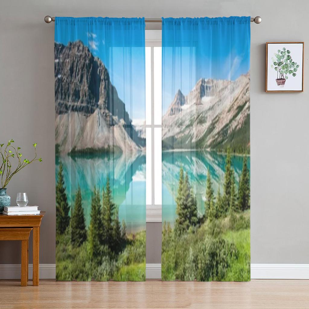 Альпийский пейзаж с вершинами, покрытыми снегом и облаками, прозрачные тюлевые шторы для гостиной, кухни, декор, вуаль, занавеска из органзы