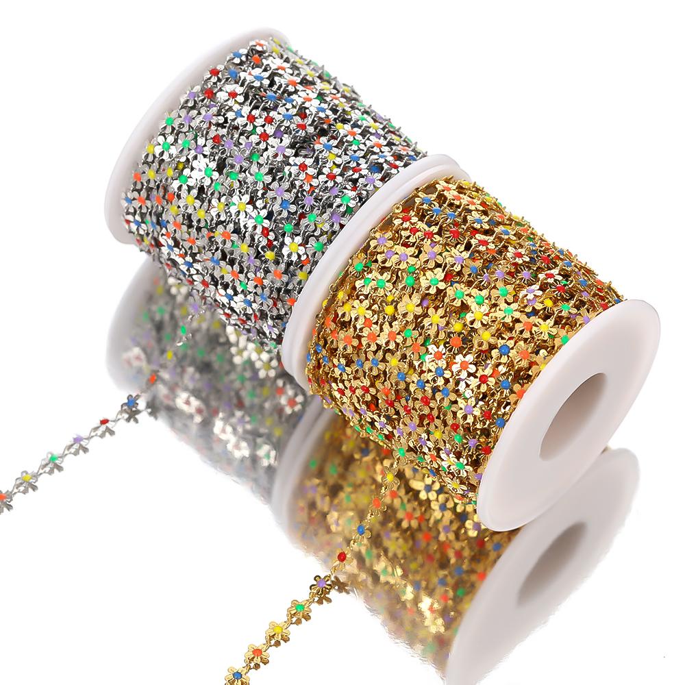 1M Gold Color Colorful Chain Stainless Steel Enamel Flower Chains for DIY Jewelry Making Anklet Bracelet Necklaces Accessories