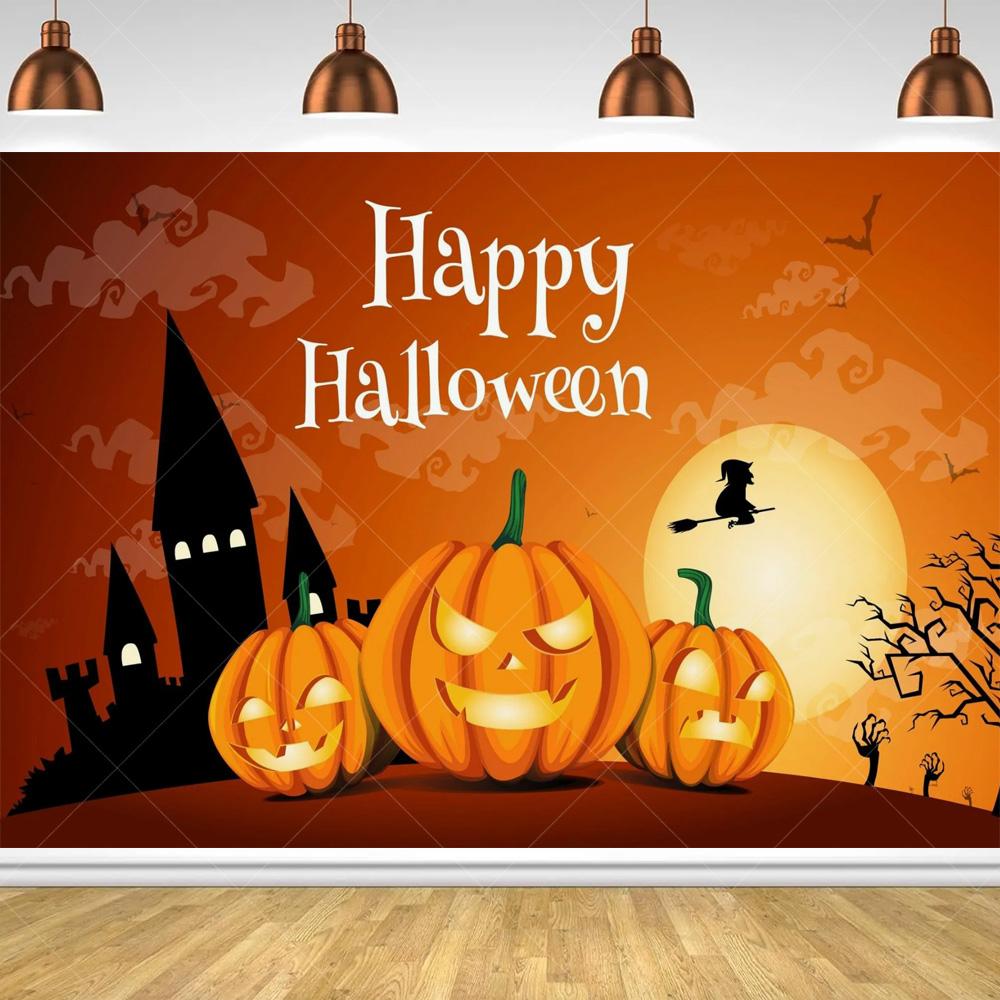 Halloween Horror Night Party Family Gathering Pumpkin Lantern Evil Witch Black Castle Cemetery Forest Background Cloth backdrop