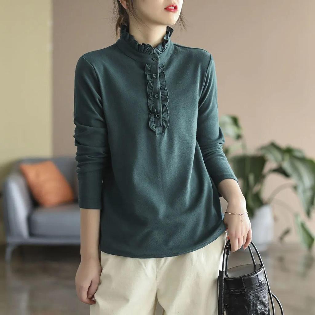 Женский приталенный базовый топ с длинным рукавом из бархата с ретро-рюшами на шее