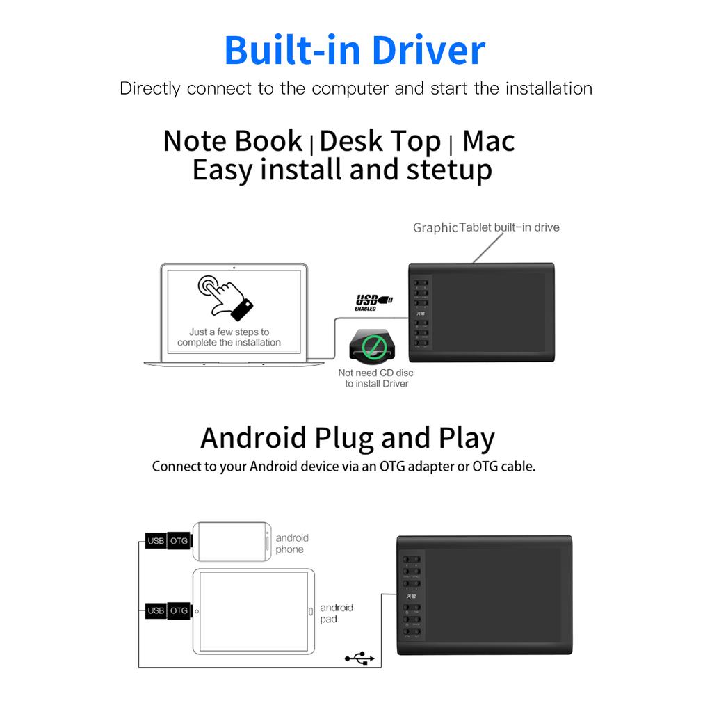 10moons G10 Цифровой графический планшет для рисования 10 x 6 дюймов Сверхлегкий художественный эскиз с