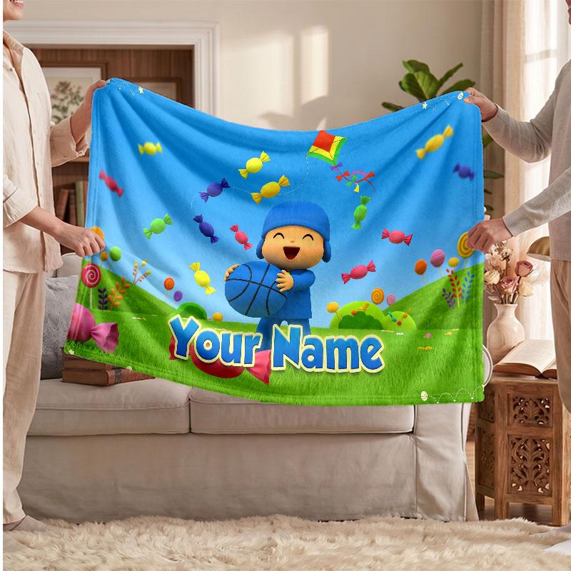 Персонализированное фланелевое одеяло Pocoyo, с индивидуальной печатью имени текста, теплое мягкое одеяло для дивана кровати