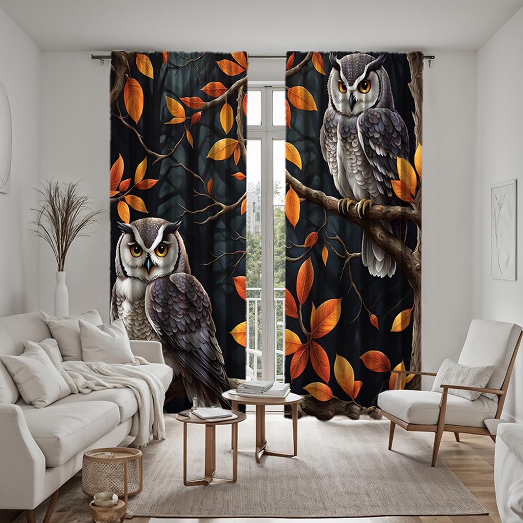 2 Pieces with HD Maple Tree Owl Decorative Curtain Black Tie Digital Printed Curtain Home Decoration Style Decoration Living Roo