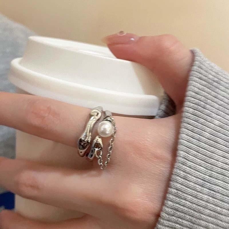 Модное кольцо-манжета с цепочкой из цинкового сплава цвета жемчуга для женщин, пар, простое металлическое двухслойное регулируемое кольцо, подарки невесте с цирконом