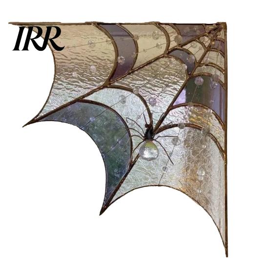 Dark Retro Home Decor Spiderweb Door Topper, Acrylic Gothic Sun Catcher with Hanging Gem Spiders, Halloween Atmosphere Prop Rainbow Window And