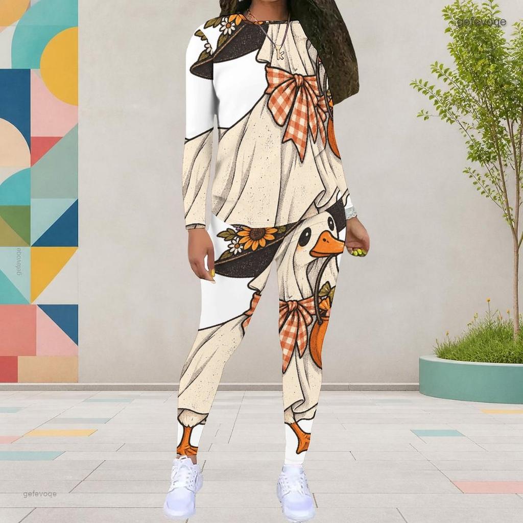 Women Plus Size Round Neck Long Sleeve Skeleton Printed Top Fitted Pants Two Piece Set