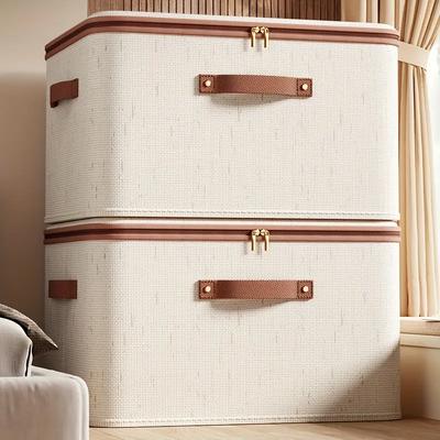 56 л Большая вместимость Льняной ящик для хранения Двойная молния и кожаные ручки Складной органайзер под кровать с крышкой для одежды, Органайзер для хранения под кроватью
