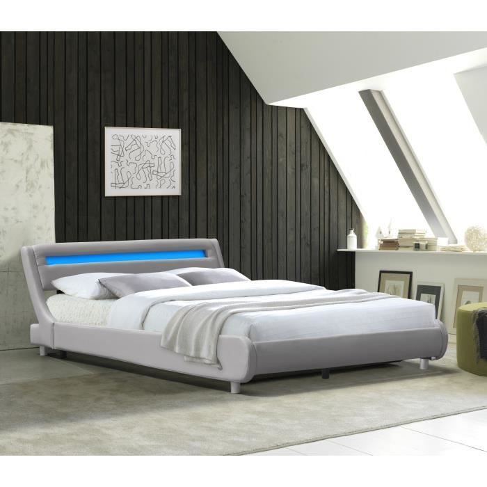 Lit gina pour matelas 140x200 - Sommier Tte de Lit Incurvee Couleur GRIS Pieds en 5 cm - 2 x 13 Lattes - revet
