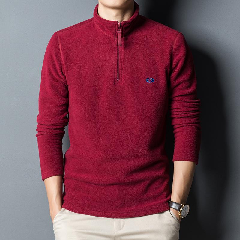 Толстовка, мужская флисовая футболка с длинными рукавами, мужская осенне-зимняя вышитая молодежная футболка с воротником-стойкой и полумолнией, теплая футболка, топ