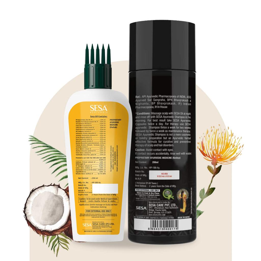 SESA Аюрведический медицинский набор для ухода за волосами для контроля выпадения и роста волос | Аюрведическое масло для волос – 200 мл и лечебный шампунь – 200 мл