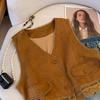 Women Lace Patchwork Suede Vest Casual Loose Fit Bohemian Cardigan