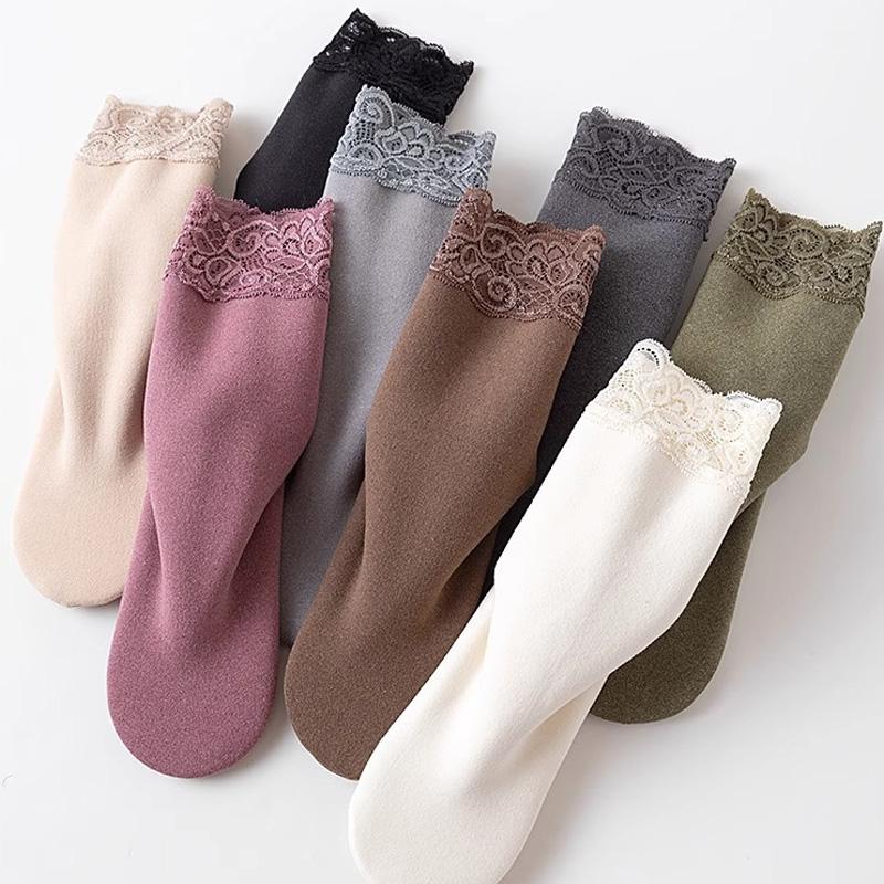 1Pair Snow Socks Keep Warm Thicken Self-heating Cotton Winter Fleece-lined Socks Lace