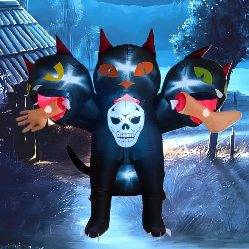 6FT Halloween Holiday Party Inflatables Toys Cat with Three Heads Outdoor Decorations with Built-in LED Lights for Lawn Yard