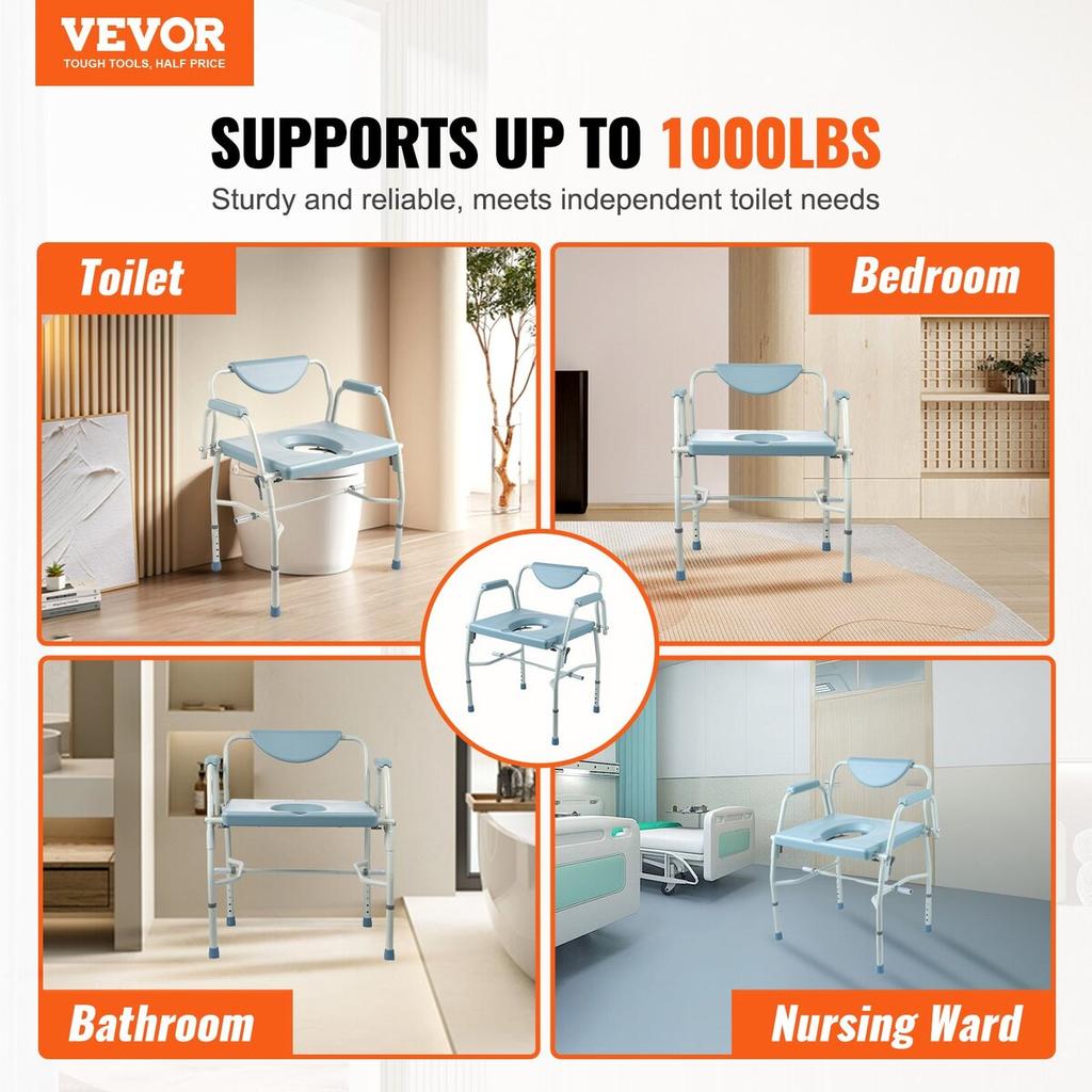 Commode Chair, Bedside Commode with Drop-Down Arms and Detachable Backrest, 5-Level Adjustable Height, 7L Removable Bucket, Easy to Assemble, 1000LBS
